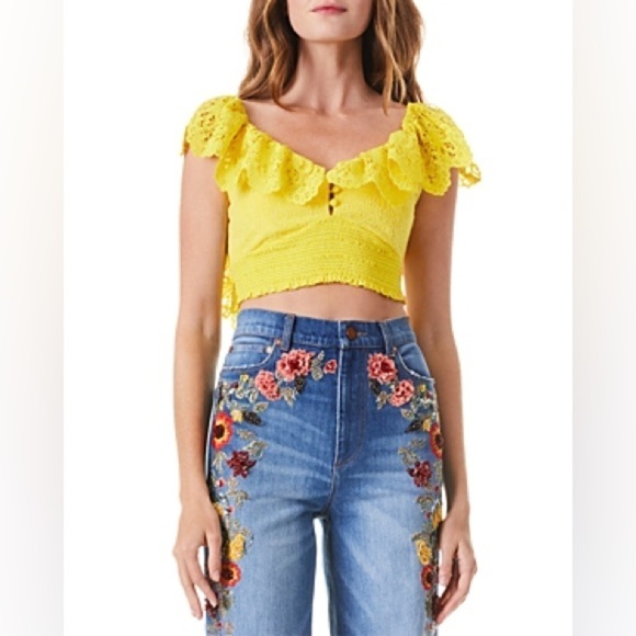 NWT! Alice + Olivia Bleeker Ruffled Lace Crop Top Sunbeam Yellow Smocked🌼 XS - Picture 8 of 16